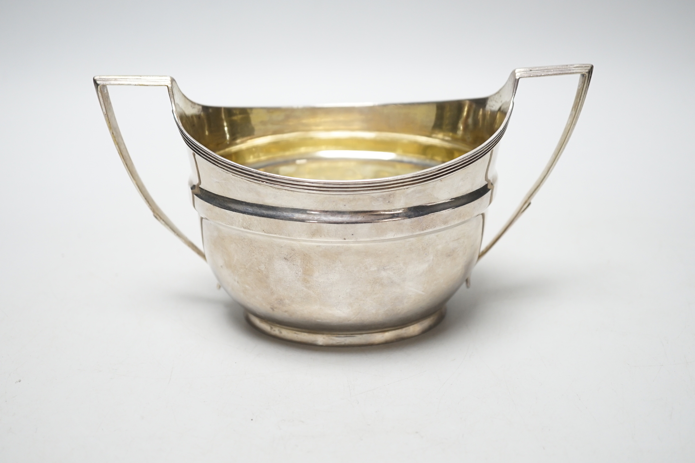 A George III silver two handled oval sugar bowl, John Emes, London, 1802, length 19.2cm over handles, 7.9oz.